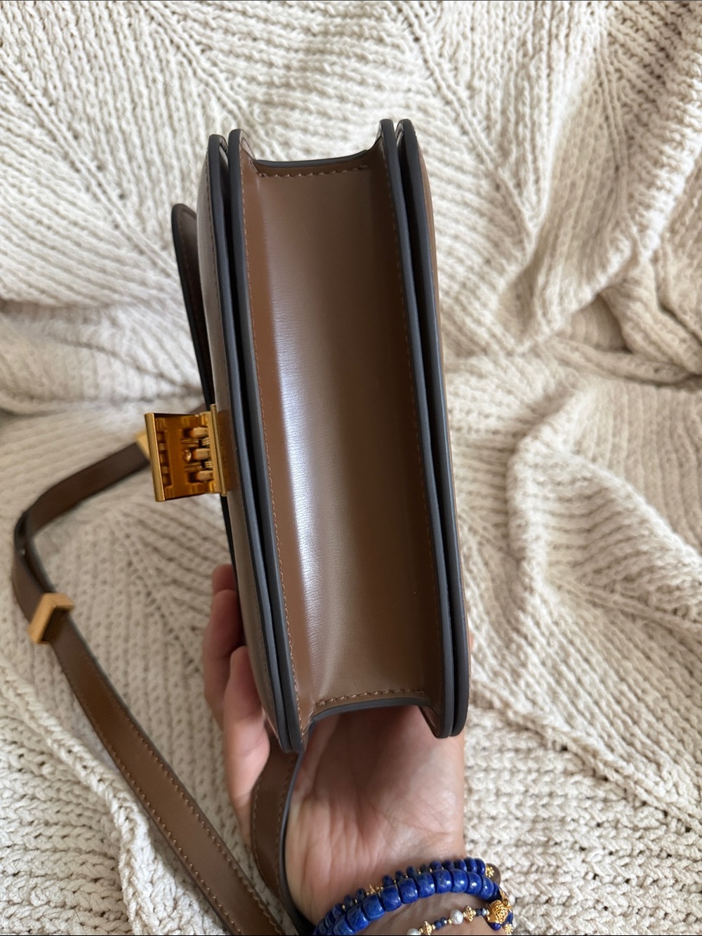 Structured Brown Leather Crossbody with Gold Lock - Picture 3 of 7